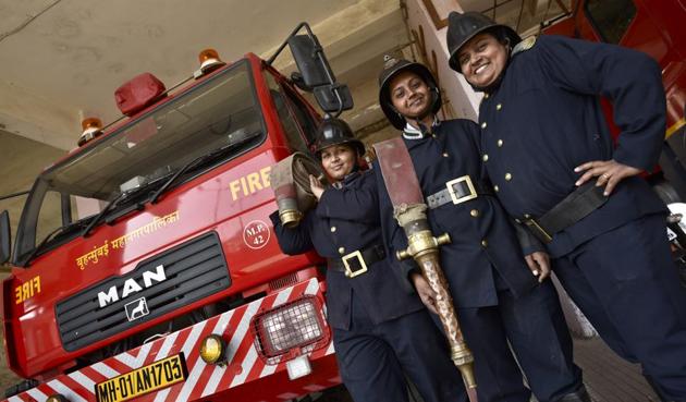 Members of the Mumbai Fire Brigade’s women contingent at the headquarters.(Arijit Sen/HT Photo)