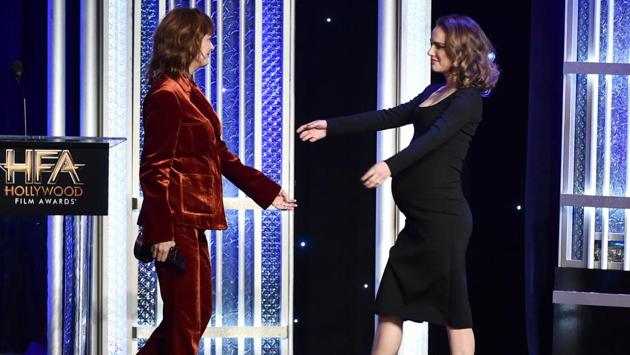 Susan Sarandon (L) and Natalie Portman, recipient of the Hollywood Actress Award for Jackie, onstage during the 20th Annual Hollywood Film Awards in November. (AFP)