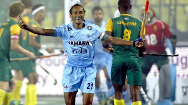 India’s captain Harjeet Singh exults after scoring against South Africa in a hockey junior World cup match in Lucknow on Monday. (Hockey India) India’s captain Harjeet Singh exults after scoring against South Africa in a hockey junior World cup match in Lucknow on Monday. (Hockey India)