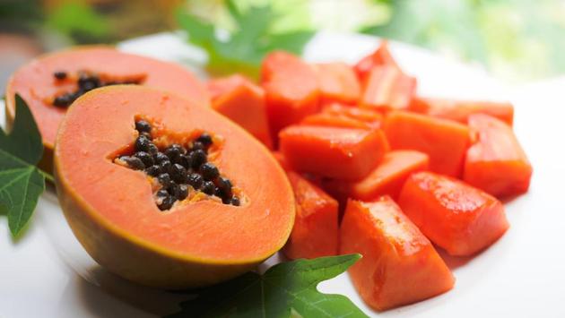 Papaya: It is a fruit rich in Vitamin A and contains enzymes that exfoliate your skin to provide you a glowing complexion. It also helps as an anti-oxidant. The enzyme papain breaks down inactive proteins and eliminates dead skin cells. Papaya also works as a great skin-firming and anti-aging agent. (Shutterstock) Papaya: It is a fruit rich in Vitamin A and contains enzymes that exfoliate your skin to provide you a glowing complexion. It also helps as an anti-oxidant. The enzyme papain breaks down inactive proteins and eliminates dead skin cells. Papaya also works as a great skin-firming and anti-aging agent. (Shutterstock)