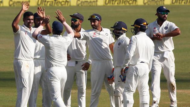 Ravichandran Ashwin of India celebrates the wicket of Chris Woakes of England during day 5 of the fourth test match between India and England held at the Wankhede Stadium, Mumbai on the 12th December 2016. Photo by: Deepak Malik/ BCCI/ SPORTZPICS (Photo by: Deepak Malik/ BCCI/ SPORTZPICS)