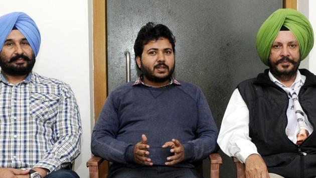 AAP leader Durgesh Pathak (centre) during a press conference in Patiala on Saturday.(Bharat Bhushan/HT Photo)