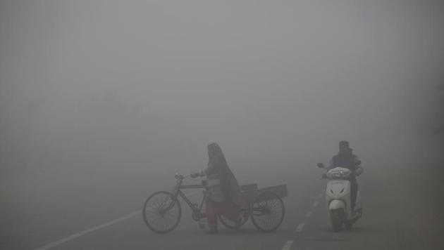 A scooterist rides past a woman pushing her cycle cart on a foggy morning on the outskirts of New Delhi on December 8. (AP Photo) A scooterist rides past a woman pushing her cycle cart on a foggy morning on the outskirts of New Delhi on December 8. (AP Photo)