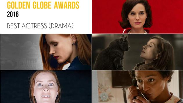 Clockwise from top right: Natalie Portman, Jackie; Isabelle Huppert, Elle; Ruth Negga, Loving; Amy Adams, Arrival and Jessica Chastain, Miss Sloane.