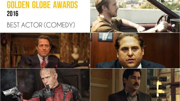Clockwise from top right: Ryan Gosling, La La Land; Jonah Hill, War Dogs; Colin Farrell, The Lobster; Ryan Reynolds, Deadpool and Hugh Grant, Florence Foster Jenkins.