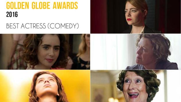 Clockwise from top right: Emma Stone, La La Land; Annette Bening, 20th Century Women; Meryl Streep, Florence Foster Jenkins; Hailee Steinfeld, The Edge of Seventeen and Lily Collins, Rules Don’t Apply.