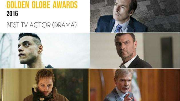 Clockwise from top right: Bob Odenkirk, Better Call Saul; Liev Schreiber, Ray Donovan; Billy Bob Thornton, Goliath; Matthew Rhys, The Americans and Rami Malek Mr. Robot.
