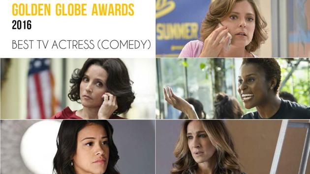 Clockwise from top right: Rachel Bloom, Crazy Ex-Girlfriend; Issa Rae, Insecure; Sarah Jessica Parker, Divorce; Gina Rodriguez, Jane The Virgin and Julia Louis-Dreyfus, Veep.