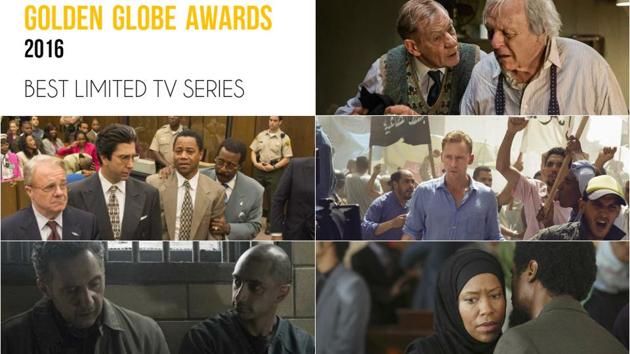 Clockwise from top right: The Dresser, The Night Manager, American Crime, The Night Of and The People v. O.J Simpson: American Crime Story.