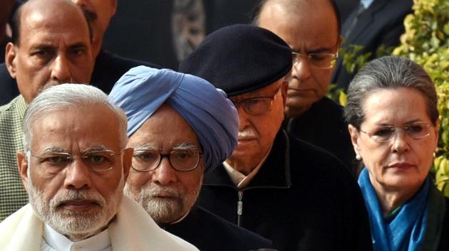 Prime Minister Narender Modi, former PM Manmohan Singh, senior .BJP Leader LK Advani, Union home minister Rajnath Singh, finance minister Arun Jaitley and Congress leader Ghulam Nabi Azad arrive for the flower tribute to Parliament terrorist attack martyrs at Parliament House in New Delhi on Tuesday. (Arun Sharma/HT ) Prime Minister Narender Modi, former PM Manmohan Singh, senior .BJP Leader LK Advani, Union home minister Rajnath Singh, finance minister Arun Jaitley and Congress leader Ghulam Nabi Azad arrive for the flower tribute to Parliament terrorist attack martyrs at Parliament House in New Delhi on Tuesday. (Arun Sharma/HT )