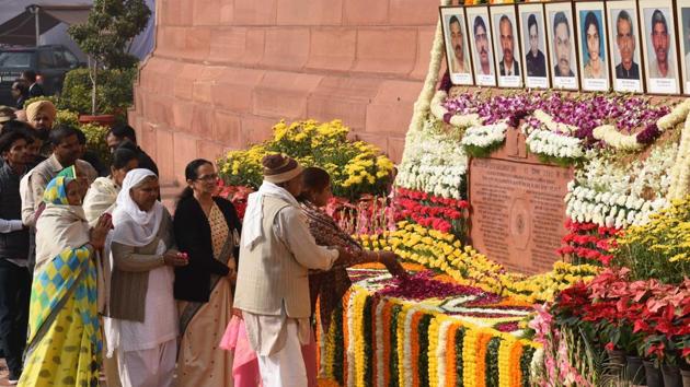 Family members of the martyrs pays homage at Parliament House on Tuesday. (Arun Sharma/HT ) Family members of the martyrs pays homage at Parliament House on Tuesday. (Arun Sharma/HT )