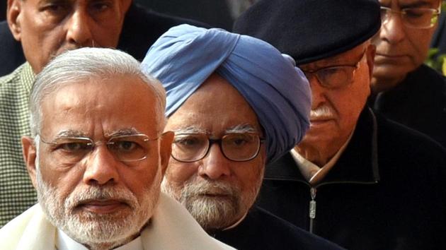 Prime Minister Narender Modi, former PM Manmohan Singh, senior .BJP Leader LK Advani, Union home minister Rajnath Singh, finance minister Arun Jaitley and Congress leader Ghulam Nabi Azad arrive for the flower tribute to Parliament terrorist attack martyrs at Parliament House in New Delhi on Tuesday. (Arun Sharma/HT ) Prime Minister Narender Modi, former PM Manmohan Singh, senior .BJP Leader LK Advani, Union home minister Rajnath Singh, finance minister Arun Jaitley and Congress leader Ghulam Nabi Azad arrive for the flower tribute to Parliament terrorist attack martyrs at Parliament House in New Delhi on Tuesday. (Arun Sharma/HT )