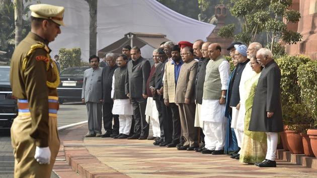 Vice-President Hamid Ansari, Lok Sabha speaker Sumitra Mahajan, Prime Minister Narendra Modi, former PM Dr Manmohan Singh, senior BJP Leader L K Advani, Congress President Sonia Gandhi, home minister Rajnath Singh, finance minister Arun Jaitley, Congress leader Gulam Nabi Azad and others at the Parliament House. (Ajay Aggarwal/HT ) Vice-President Hamid Ansari, Lok Sabha speaker Sumitra Mahajan, Prime Minister Narendra Modi, former PM Dr Manmohan Singh, senior BJP Leader L K Advani, Congress President Sonia Gandhi, home minister Rajnath Singh, finance minister Arun Jaitley, Congress leader Gulam Nabi Azad and others at the Parliament House. (Ajay Aggarwal/HT )