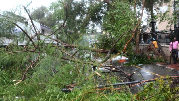 Heavy rains lashes Chennai as high velocity winds uprooted hundreds of trees as the severe cyclonic storm Vardah was making its landfall in Chennai on Monday afternoon. Two people died of electrocution in Andhra’s Chittoor district following heavy rainfalls due to the cyclone.(Vanne Srinivasulu / HT Photo)