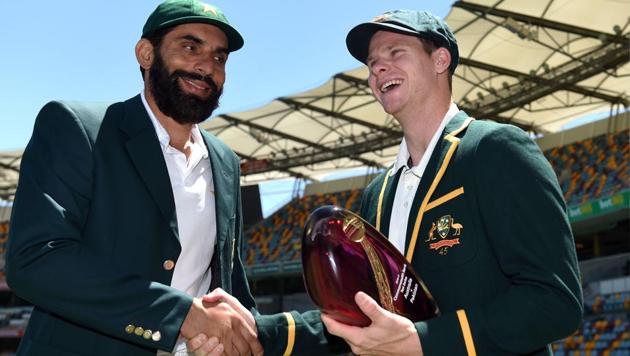 Australia's cricket team captain Steven Smith with his Pakistani counterpart Misbah-ul-Haq after a media call at Gabba in Brisbane. (AFP) Australia's cricket team captain Steven Smith with his Pakistani counterpart Misbah-ul-Haq after a media call at Gabba in Brisbane. (AFP)