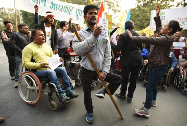 Disabled participants in a solidarity rally in Delhi. A top government official has acknowledged that the number of disabled people in the country as put in the 2011 Census is a gross underestimation.(Virendra Singh Gosain/HT PHOTO)