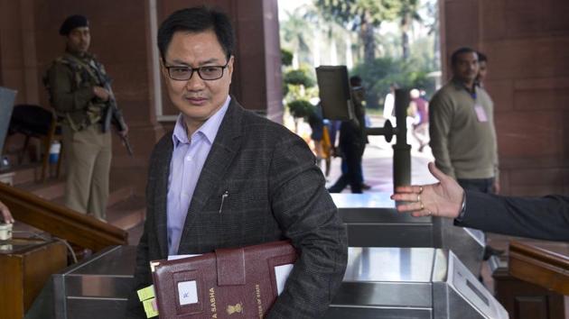 Junior home minister Kiren Rijiju arrives at the parliament house in New Delhi on 14. (AP Photo) Junior home minister Kiren Rijiju arrives at the parliament house in New Delhi on 14. (AP Photo)