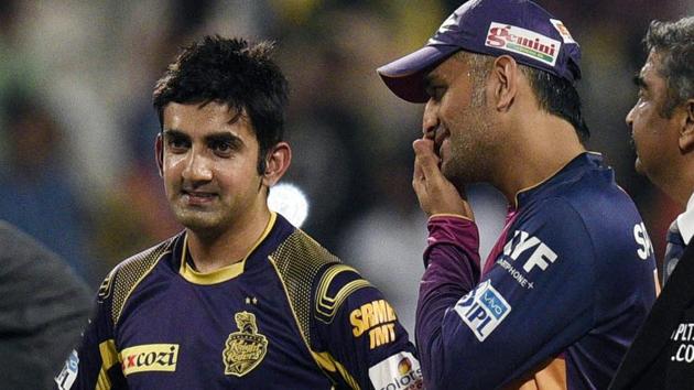 Mahendra Singh Dhoni (left) and Gautam Gambhir during an IPL match at Eden Gardens on May 14, 2016. (Photo by Subhendu Ghosh/ Hindustan Times)(Hindustan Times)