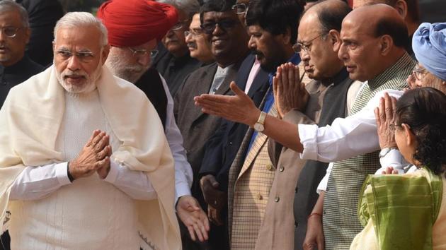 Prime Minister Narendra Modi attends a tribute paying ceremony for the martyrs of 2001 Parliament attack on its 15th anniversary, at Parliament House in New Delhi on Tuesday. (Arun Sharma/HT file photo) Prime Minister Narendra Modi attends a tribute paying ceremony for the martyrs of 2001 Parliament attack on its 15th anniversary, at Parliament House in New Delhi on Tuesday. (Arun Sharma/HT file photo)