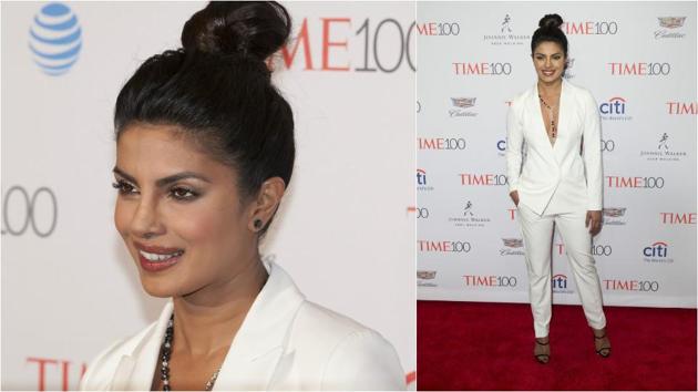 Priyanka attends Time 100 gala at Jazz at Lincoln Center in a white pant-suit. (Shutterstock)