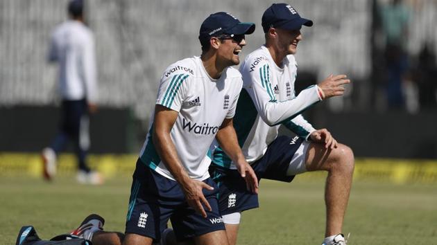 England's test cricket team captain, Alastair Cook, left, and England's Joe Root share a light moment during a practice session. (AP) England's test cricket team captain, Alastair Cook, left, and England's Joe Root share a light moment during a practice session. (AP)