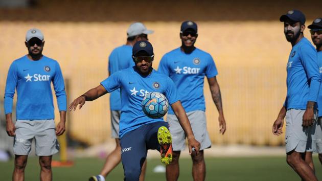 India's Karun Nair plays football with teammates during a training session ahead of the fifth cricket Test match between India and England. (AFP)