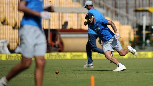 India's captain Virat Kohli runs during a training session ahead of the fifth cricket Test match. (AFP)