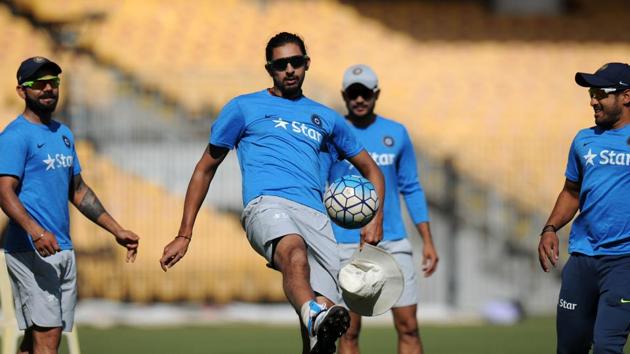 India's Ishant Sharma plays football with teammates during a training session ahead of the fifth cricket Test match between India and England. (AFP)