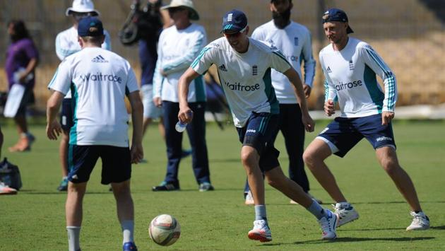 England cricketers play football during a training session ahead of the fifth cricket Test match. (AFP) England cricketers play football during a training session ahead of the fifth cricket Test match. (AFP)