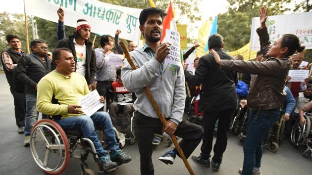 Disabled people during the solidarity rally to appeal to the Parliamentarians to set aside all their differences and pass the Rights of persons with Disabilities Bill. According to the 2011 Census, the number of disabled in India stands at 2.68 crore.(Virendra Singh Gosain/HT PHOTO)