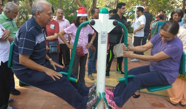 Seniors test the newly-installed machines at Bombay Port Trust Garden in Colaba on Friday.