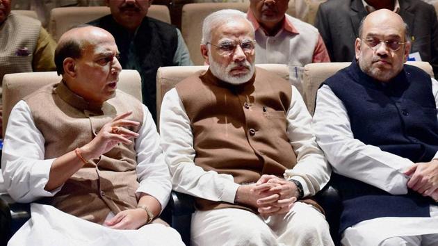 PM Narendra Modi, BJP president Amit Shah and home minister Rajnath Singh during BJP parliamentary party meeting in New Delhi.(PTI Photo)