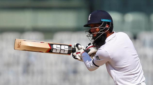 England's Moeen Ali steers one to the ropes during his unbeaten 120 on the first day of the fifth Test against India at the MA Chidambaram Stadium in Chennai. (REUTERS) England's Moeen Ali steers one to the ropes during his unbeaten 120 on the first day of the fifth Test against India at the MA Chidambaram Stadium in Chennai. (REUTERS)