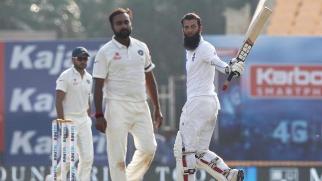 Moeen Ali notched up his fifth Test century and his second in the series as England held firm. (Photo by: BCCI) 