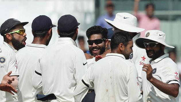 Ravindra Jadeja got the wicket of Alastair Cook for the fifth time in this series as England were in a spot of bother at 21/2. (BCCI)