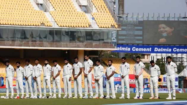 India and England players observed a minute’s silence for Jayalalithaa, Tamil Nadu’s iconic politician who died in Chennai on December 5 due to illness.(Photo by:BCCI)