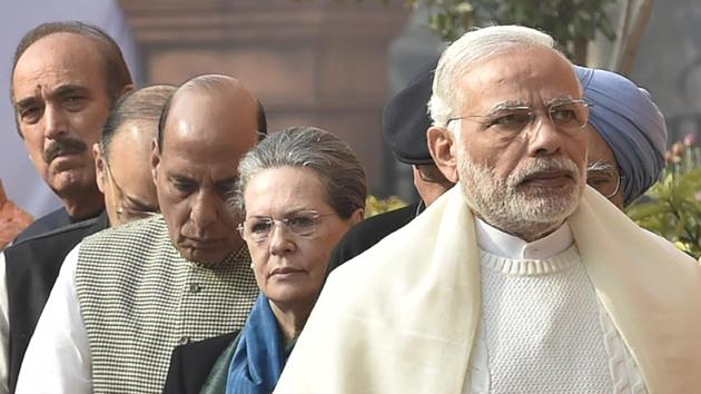 Congress President Sonia Gandhi and Prime Minister Narendra Modi with other leaders during an official function in Parliament House. The opposition and the government has repeatedly clashed over the demonetisation move in the winter session. (Ajay Aggarwal/HT PHOTO) Congress President Sonia Gandhi and Prime Minister Narendra Modi with other leaders during an official function in Parliament House. The opposition and the government has repeatedly clashed over the demonetisation move in the winter session. (Ajay Aggarwal/HT PHOTO)