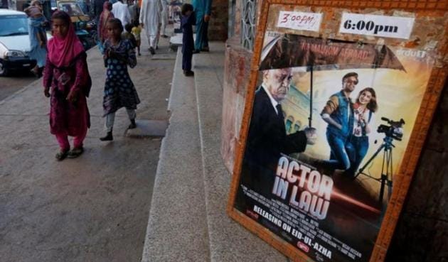 An advertising poster for an Indian film is seen outside a movie theatre in Karachi in September 2016. (Reuters) An advertising poster for an Indian film is seen outside a movie theatre in Karachi in September 2016. (Reuters)