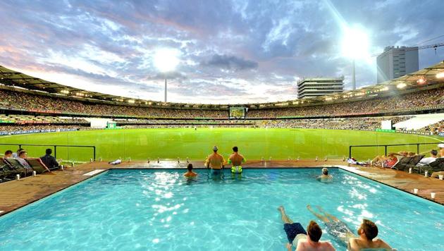 Fans watch the cricket from the pool as the sun sets during day two of the first Test match between Australia and Pakistan at The Gabba on December 16, 2016 in Brisbane. (Getty Images) Fans watch the cricket from the pool as the sun sets during day two of the first Test match between Australia and Pakistan at The Gabba on December 16, 2016 in Brisbane. (Getty Images)
