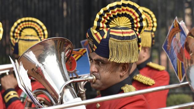 The day’s ceremony ends with an equestrian display by the PBG before they ride away towards the Rashtrapati Bhavan and playing of the National Anthem. (Raj K Raj/HT PHOTO) 