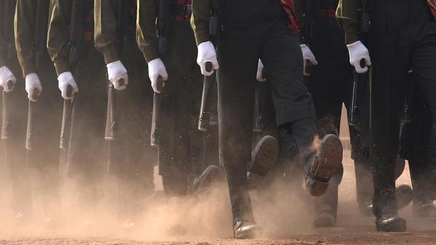 The Jammu and Kashmir Light Infantry (JAK LI) march pass during the Change of Guard Ceremony.  (Raj K Raj/HT ) 