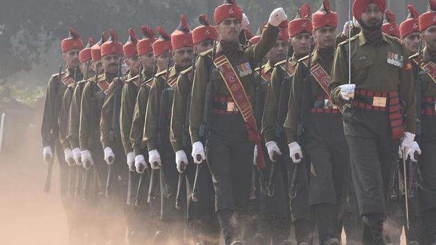 Jammu and Kashmir Light Infantry (JAK LI) march pass during the Change of Guard Ceremony at Rashtrapati Bhavan in New Delhi.  (Raj K Raj/HT ) 