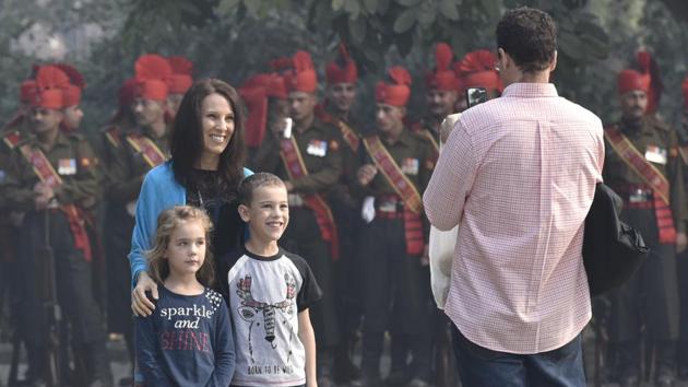 Visitors during the Change of Guard Ceremony at Rashtrapati Bhavan in New Delhi. (Raj K Raj/HT PHOTO) 