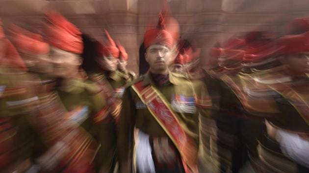 The ceremony, which takes place on the forecourt of the Rashtrapati Bhavan, provides an equestrian display and foot drill supported by a military band that lasts about 30 minutes. (Raj K Raj/HT ) 