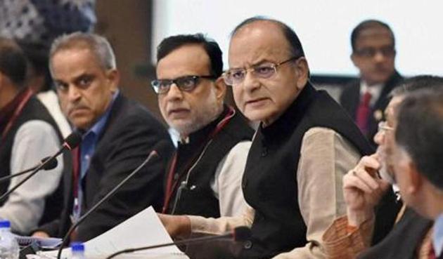 Finance Minister, Arun Jaitley, revenue secretary Hasmukh Adhia and other officials at the 5th Goods and Services Tax (GST) Council meeting in New Delhi.(PTI)