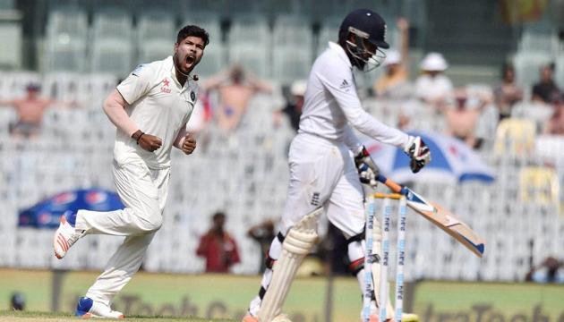 Umesh Yadav celebrates the dismissal of England's Adil Rashid during second day of the fifth Test match in Chennai on Saturday. (PTI) Umesh Yadav celebrates the dismissal of England's Adil Rashid during second day of the fifth Test match in Chennai on Saturday. (PTI)