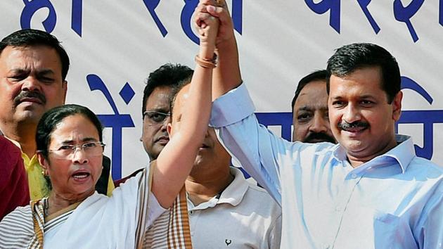 Delhi chief minister Arvind Kejriwal and West Bengal chief minister Mamata Banerjee join hands at a rally against demonetisation of currency notes. (PTI File Photo) Delhi chief minister Arvind Kejriwal and West Bengal chief minister Mamata Banerjee join hands at a rally against demonetisation of currency notes. (PTI File Photo)