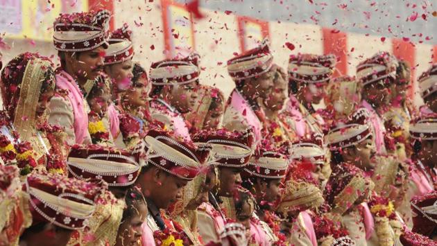 Apart from the wedding, the couples will also receive various gifts to begin their married life. The gift items were also bought without cash.  (Burhaan Kinu/HT PHOTO) 