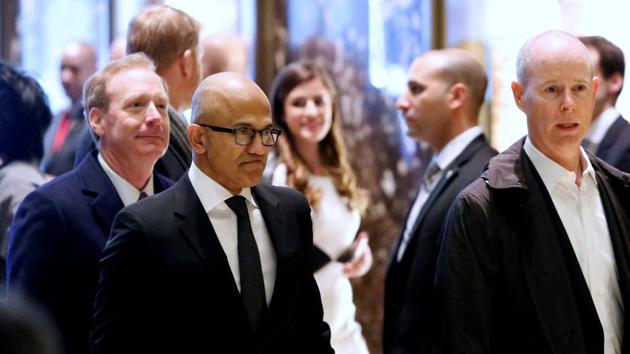 Microsoft CEO Satya Nadella enters Trump Tower ahead of a meeting of technology leaders with president-elect Donald Trump.(Reuters Photo)