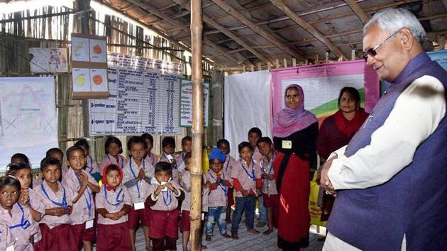 Bihar chief minister Nitish Kumar visits a government school during his Nischaya Yatra in Madhepura on Friday. (PTI file photo) Bihar chief minister Nitish Kumar visits a government school during his Nischaya Yatra in Madhepura on Friday. (PTI file photo)